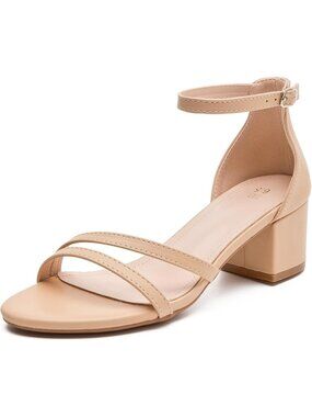 Women's Nude PU Open Toe Ankle Strap Chunk Low Heel Strappy Sandals Pumps Shoes